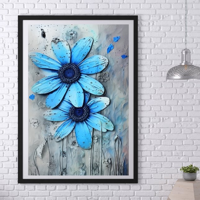 Poster Azul-margarida desolada, margarida picante (Blue Daisies Distressed Grungy Daisy Flower Poster)