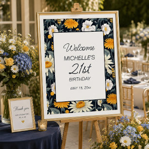 Poster Azul Marinho Amarelo Branco Margaridas Aniversário
