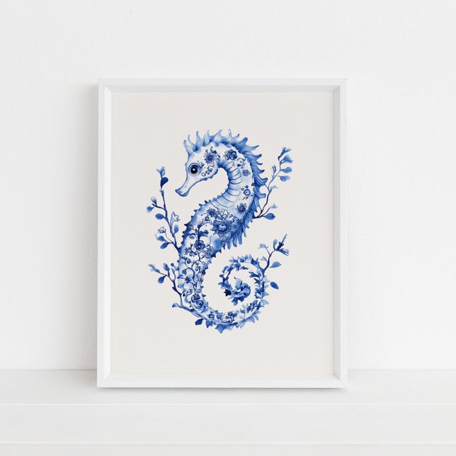 Poster Azul-marinho - Azul costeiro na Arte de Parede beg (Blue Seahorse – Coastal Blue on Beige Wall Art in a white frame on the floor.)