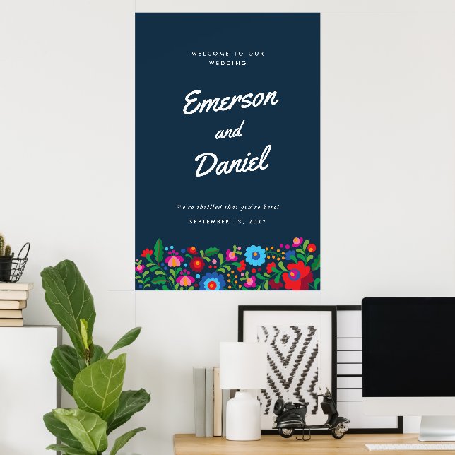Poster Azul Marinho Casamento Embroiderado Mexicano Bem-v (Escritório em casa)