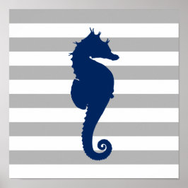 Pôster Azul Marinho Cavalo-Marinho Cinza e Listras Branca