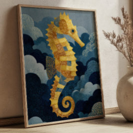Poster Azul Marinho & Cavalo-Marinho Dourado Arte Náutica