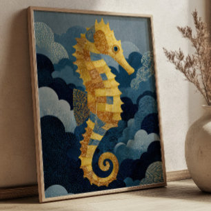 Poster Azul Marinho & Cavalo-Marinho Dourado Arte Náutica