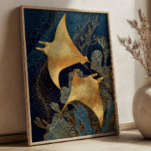 Azul Marinho & Raias Manta Douradas Arte Kintsugi