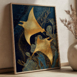 Poster Azul Marinho & Raias Manta Douradas Arte Kintsugi