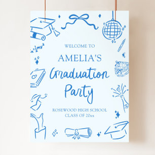 Poster Azul Moderno com Desenho à Mão Festa de Formatura 