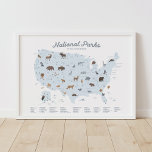 Poster Azul National Parks Map Woodland Nursery Decor<br><div class="desc">Inspire-se para se aventurar e explorar os Estados Unidos com este mapa detalhado dos parques nacionais!</div>