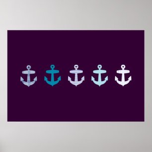 Poster azul náutico da âncora - roxo escuro