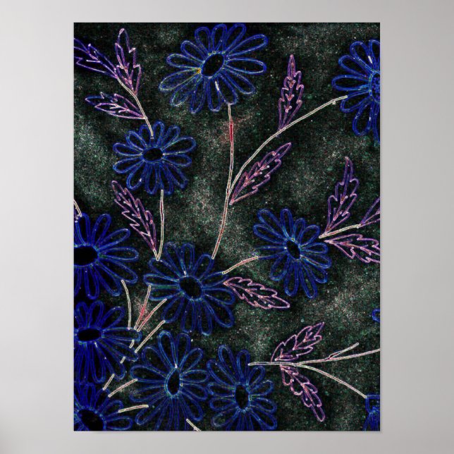 Pôster azul no decor floral preto (Frente)