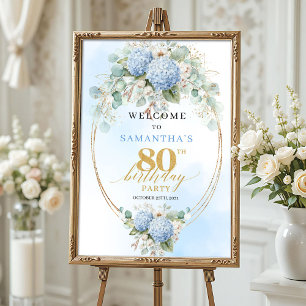 Poster Azul Pastel Floral Eucalipto Boas-vindas 80 anos d
