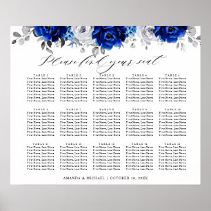 Poster Azul Real Branco Prata Floral Gráfico de Assentos