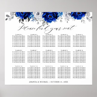 Poster Azul Real Branco Prata Floral Gráfico de Assentos