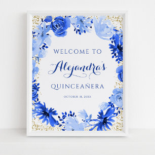 Poster Azul Real Floral Água-marinha Dourado Quinceanera