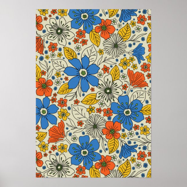 Poster Azul Retroativo, Amarelo e Laranja Floral (Frente)