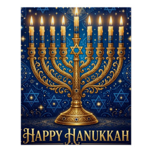 Pôster Azul Rico e Dourado Hanukkah Enfeitado com Joias