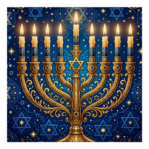 Pôster Azul Rico e Dourado Hanukkah Repleto de Joias