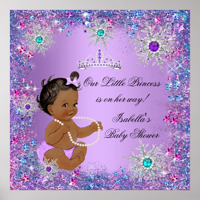 Poster Azul Teal Roxo Rosa Princesa Chuvada de Bebê Étnic (Frente)