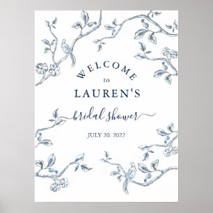Poster Azul Toile Francês & Branco Boas-vindas de Chá de