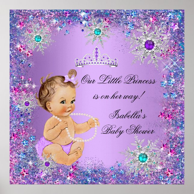 Pôster Azul Turquesa Roxo Rosa Chuveiro de Bebê Princesa  (Frente)