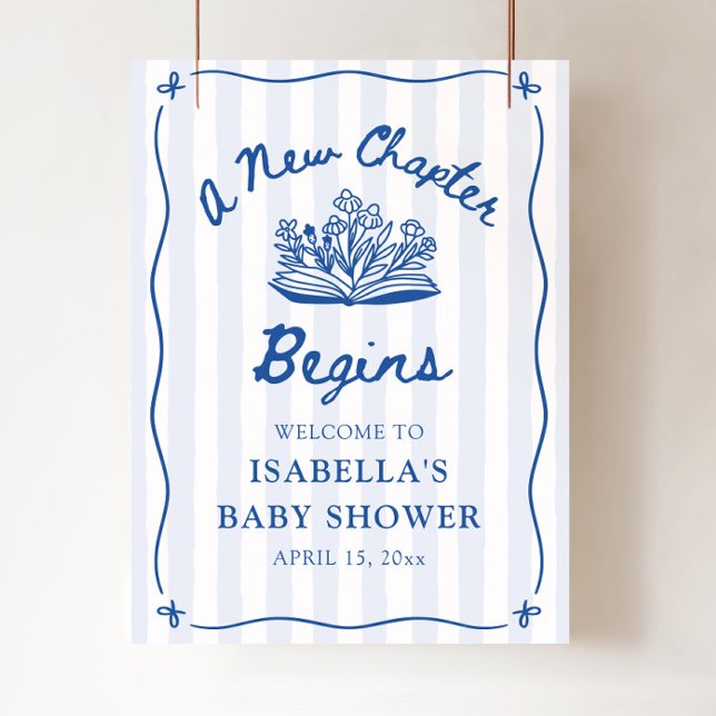 Poster Azul Um Novo Capítulo Começa Sinal de Boas-Vindas  (Blue A New Chapter Begins Baby Shower Welcome Sign)