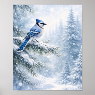 Poster "Azul Vibrante do Gaio na Arte em Aquarela da Neve