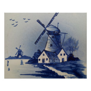 Pôster Azul Vintage Delft Moinho de Vento Branco
