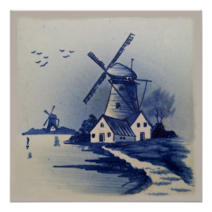 Pôster Azul Vintage Delft Moinho de Vento Branco