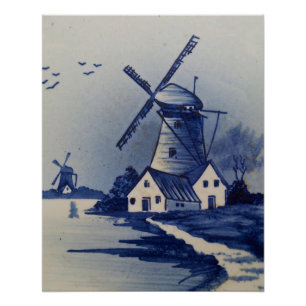 Pôster Azul Vintage Delft Moinho de Vento Branco