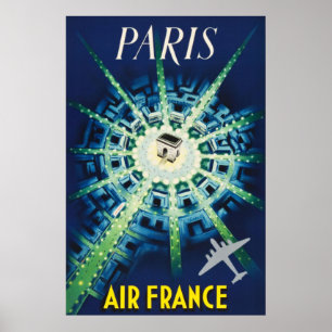 Poster Azul Vintage Paris Viagens Aéreas França Europa