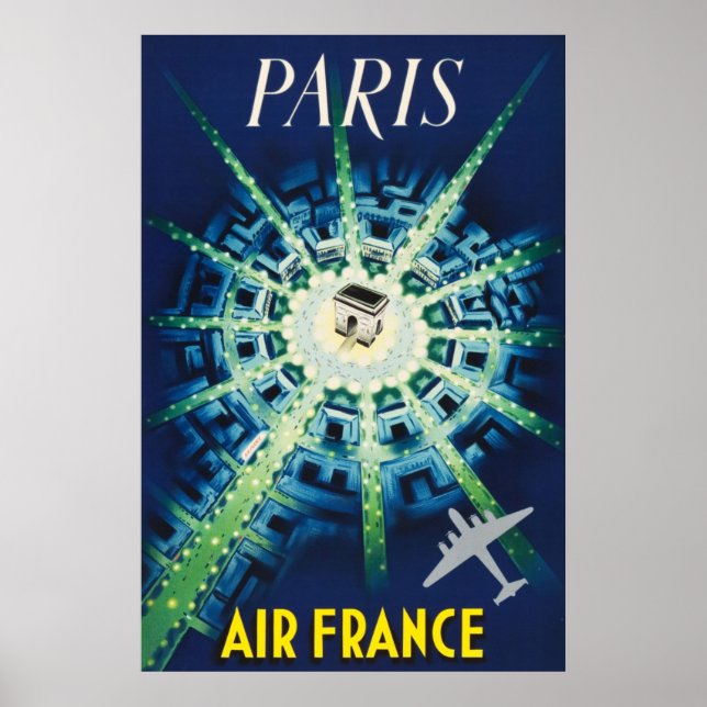 Poster Azul Vintage Paris Viagens Aéreas França Europa (Frente)