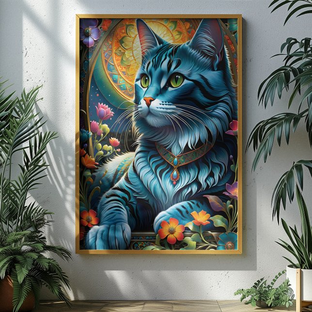 Poster Azul Whimsso Gato e Oásis Floral (Criador carregado)