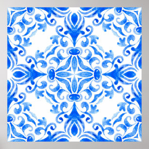 Poster azulejo azul-abstrato e branco desenhado à mão sem
