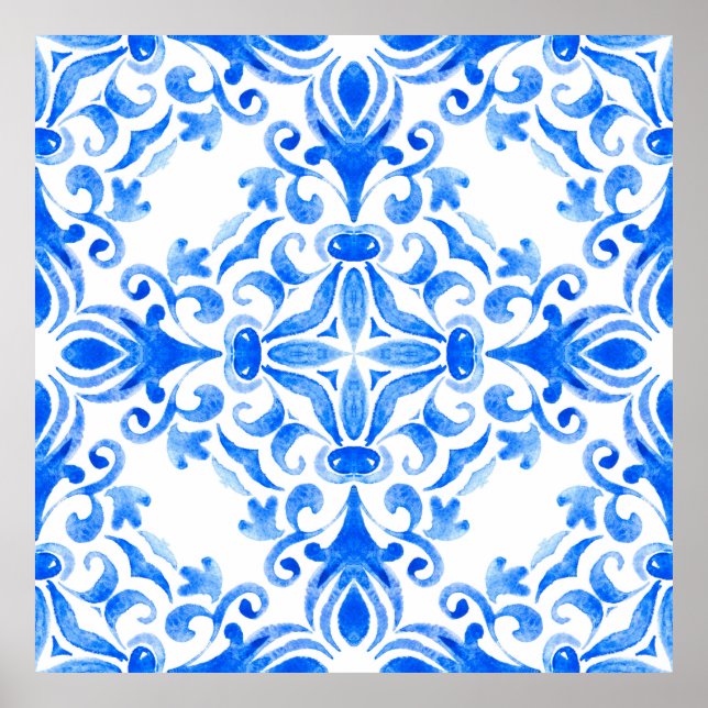 Poster azulejo azul-abstrato e branco desenhado à mão sem (Frente)
