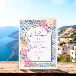 Poster Azulejo azul italiano aquarela floral bridal bem-v