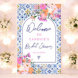 Poster Azulejo azul italiano aquarela floral bridal bem-v