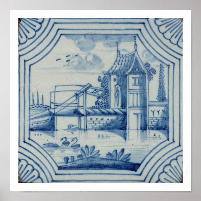 Poster Azulejo Delft mostrando uma ponte de levante sobre (Frente)