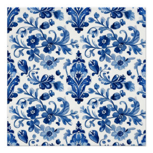 Pôster Azulejo Floral Azul Português Vintage