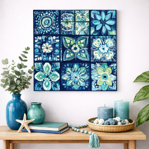 Poster Azulejo Floral Mandala em Azul Turquesa Arte de Pa