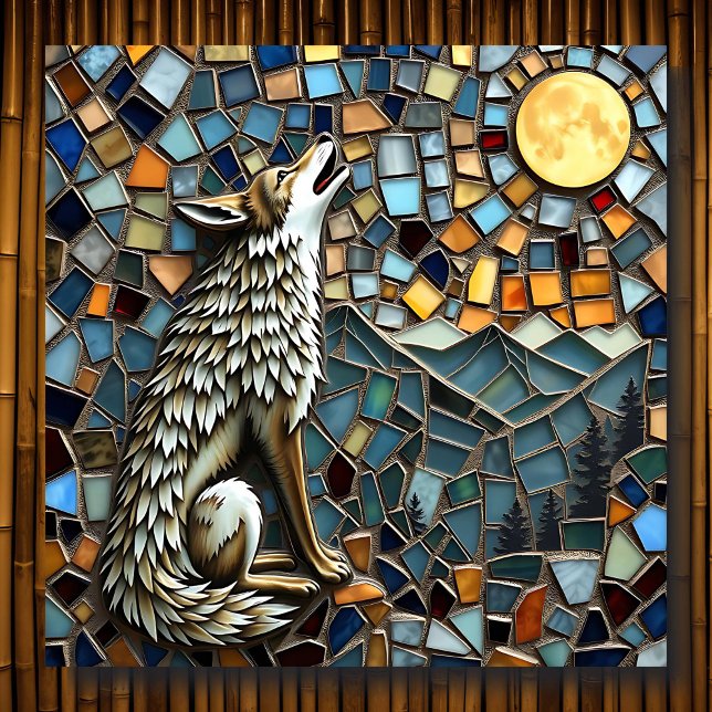 Poster Azulejo mosaico Wolf Howling na lua (Criador carregado)
