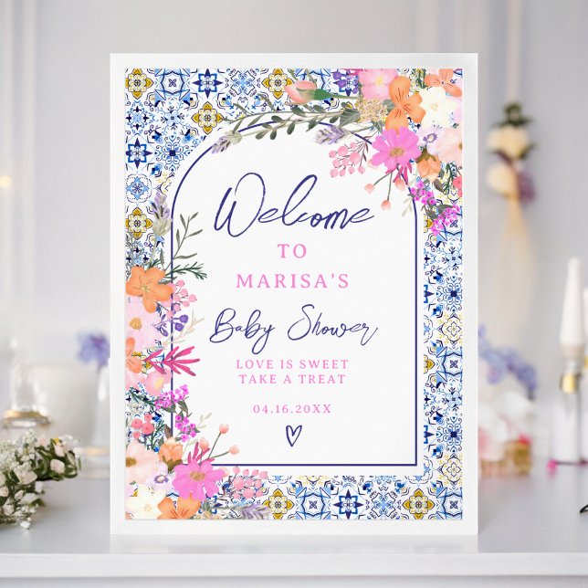 Poster Azulejos azuis flores silvestres cor d'água bemvin (Blue tiles watercolor wildflowers baby welcome poster)