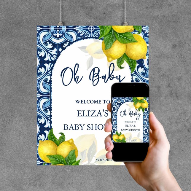 Poster Azulejos azuis limão chá de fraldas Amalfi sinal d (Blue tiles lemon Amalfi baby shower welcome sign template digital download personalized decor)
