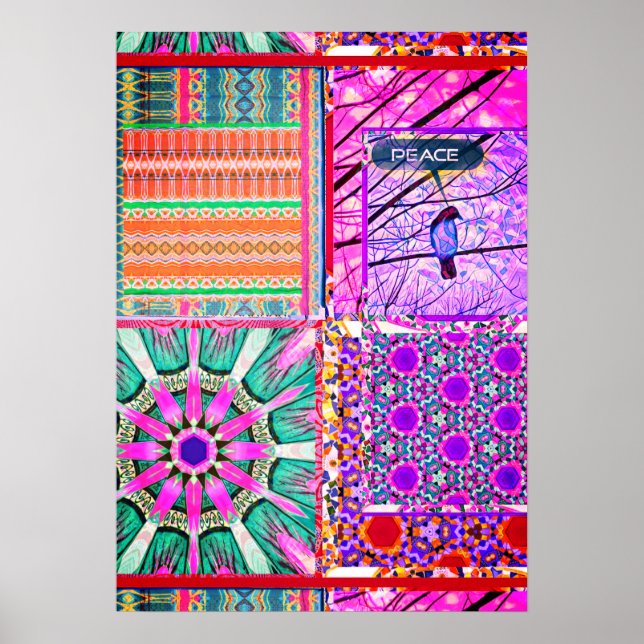 Poster Azulejos Azulejos Geométricos com Pássaro da Paz (Frente)