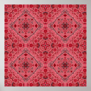Poster Azulejos florais em vermelho e rosa melancia
