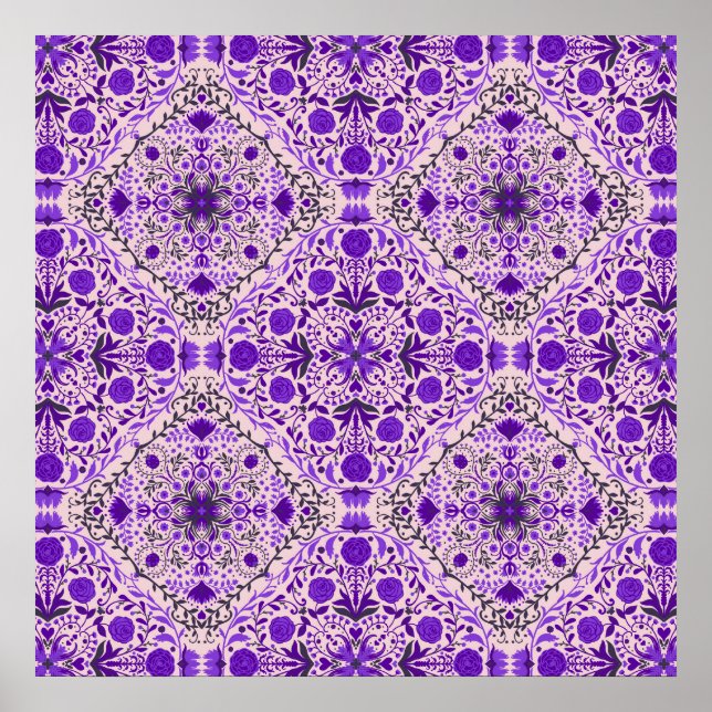 Poster Azulejos florais em violeta e rosa algodão doce (Frente)