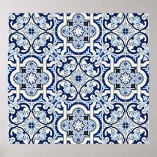 Poster Azulejos marroquinos: Padrões azuis lindos.