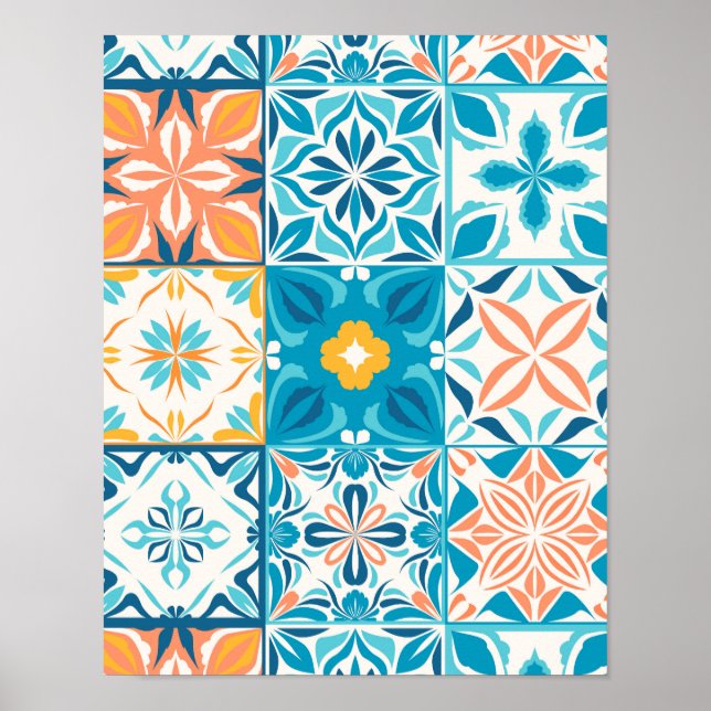 Poster azulejos ornamentados em azul e laranja (Frente)