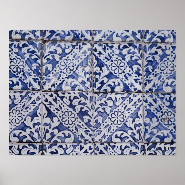 Poster Azulejos Portugueses - Azulejo Azul e Branco Flora (Frente)