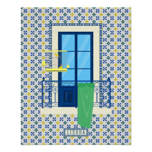Pôster Azulejos portugueses e varanda de janela com aves