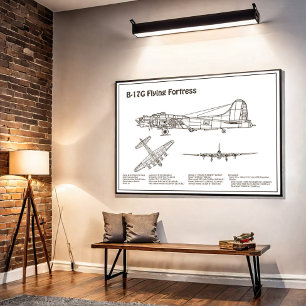 Poster B-17 Fortaleza Voadora - Planos Blueprint do avião