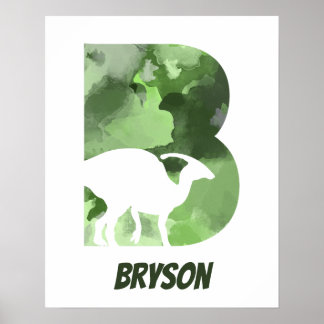 Poster "B" Dinossauro Aquarela Nome Verde da Criança Post